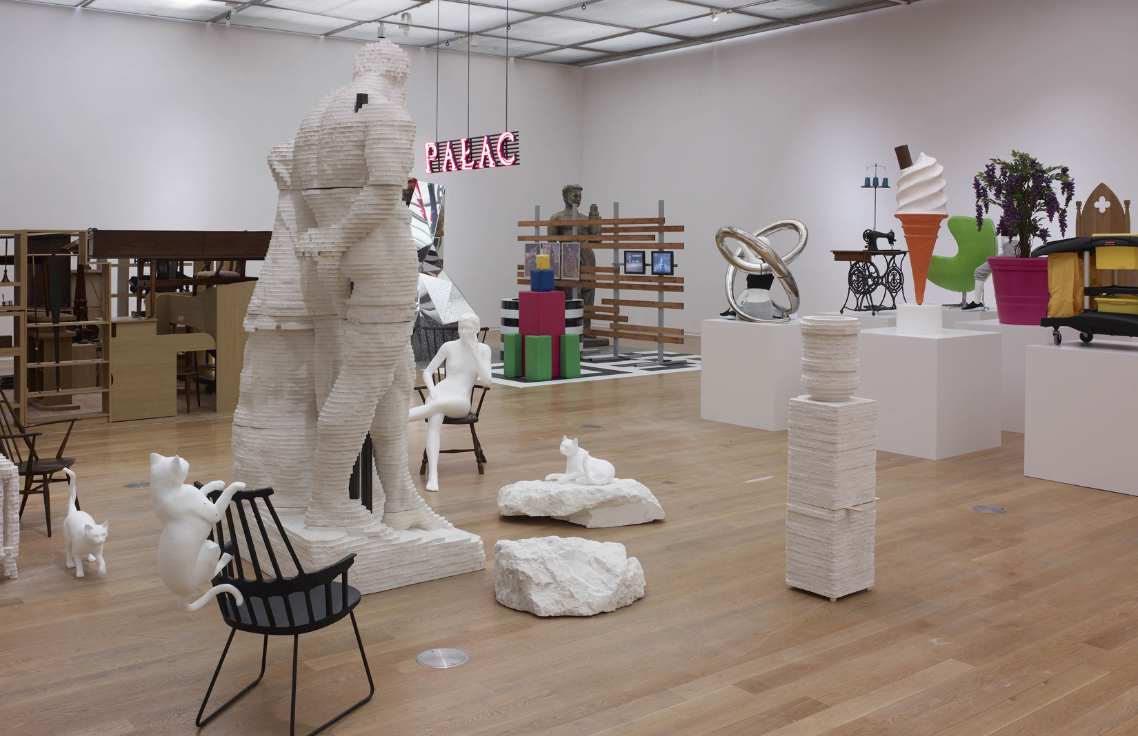 Installation view of Matthew Darbyshire’s An Exhibition for Modern Living at Manchester Art Gallery. Photography: Michael Pollard. Courtesy of the artist and Manchester Art Gallery