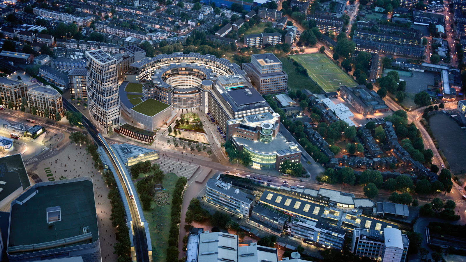 Aerial render of the Television Centre. Courtesy of Television Centre / Stanhope
