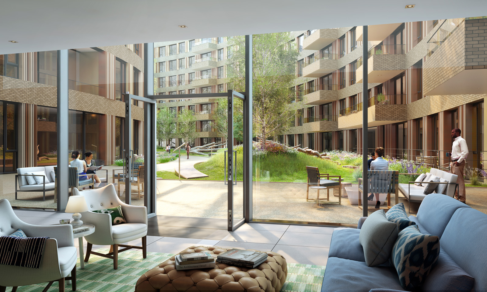 Render of the Television Centre residents' lounge and gardens, which will be landscaped by Gillespies. Courtesy of Television Centre / Stanhope