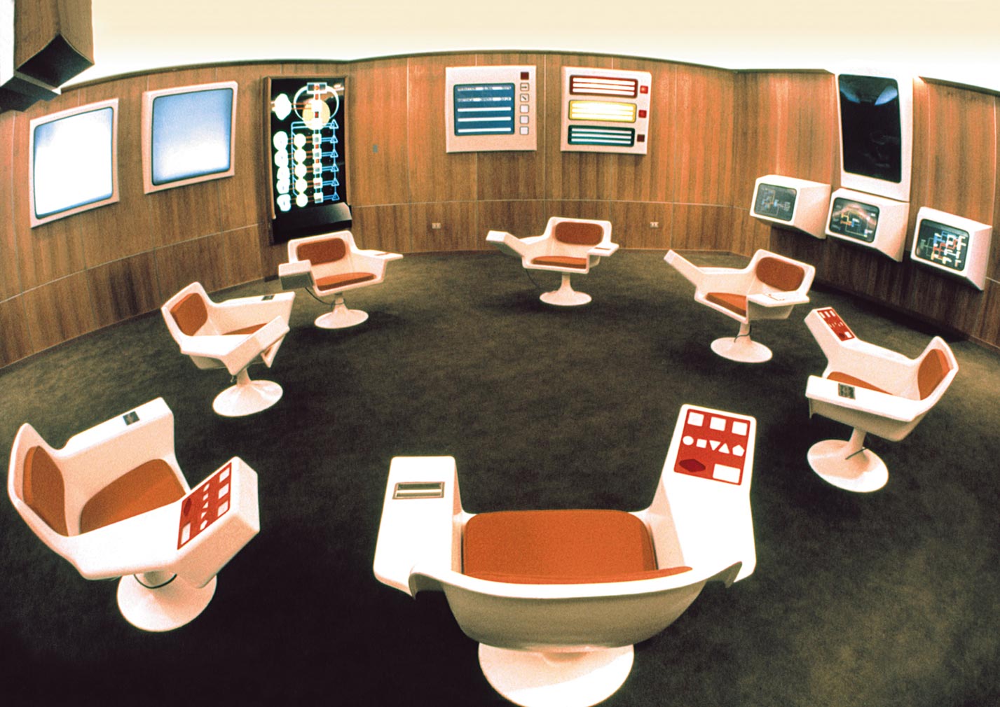 A historic photograph of the Cybersyn Operations Room