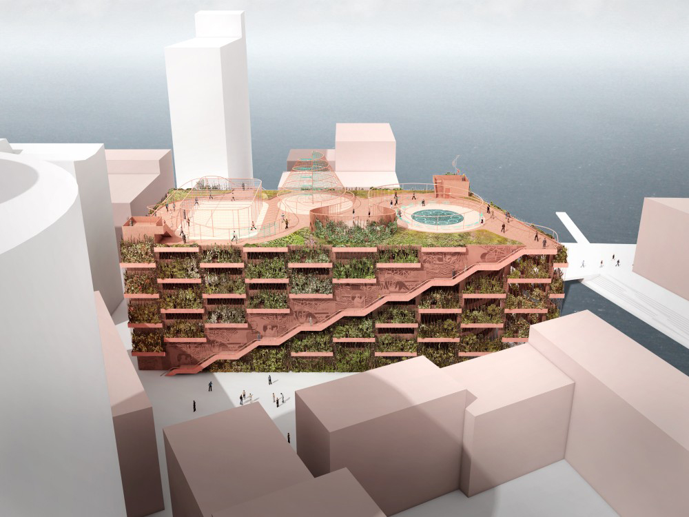 Overview of the scheme, which shows the rooftop adventure playground and recreation zone, as well as a boat sailing pond. Courtesy of the architects