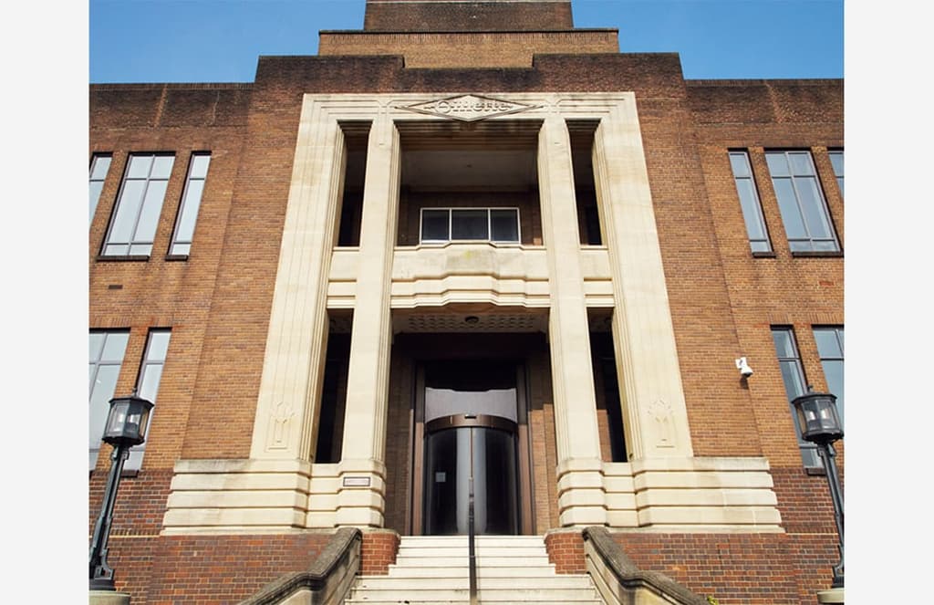 The entrance of the Gillette Factory, designed by Sir Banister Fletcher. Photography: Robert Low