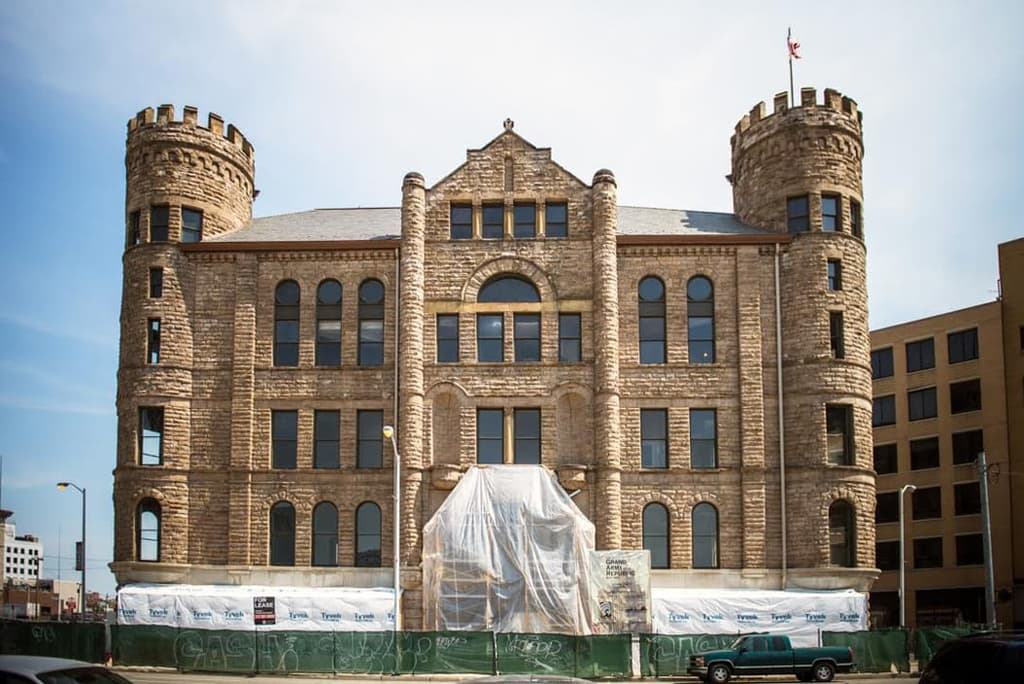 The G.A.R Building, home to Republic Tavern, being restored in 2013.