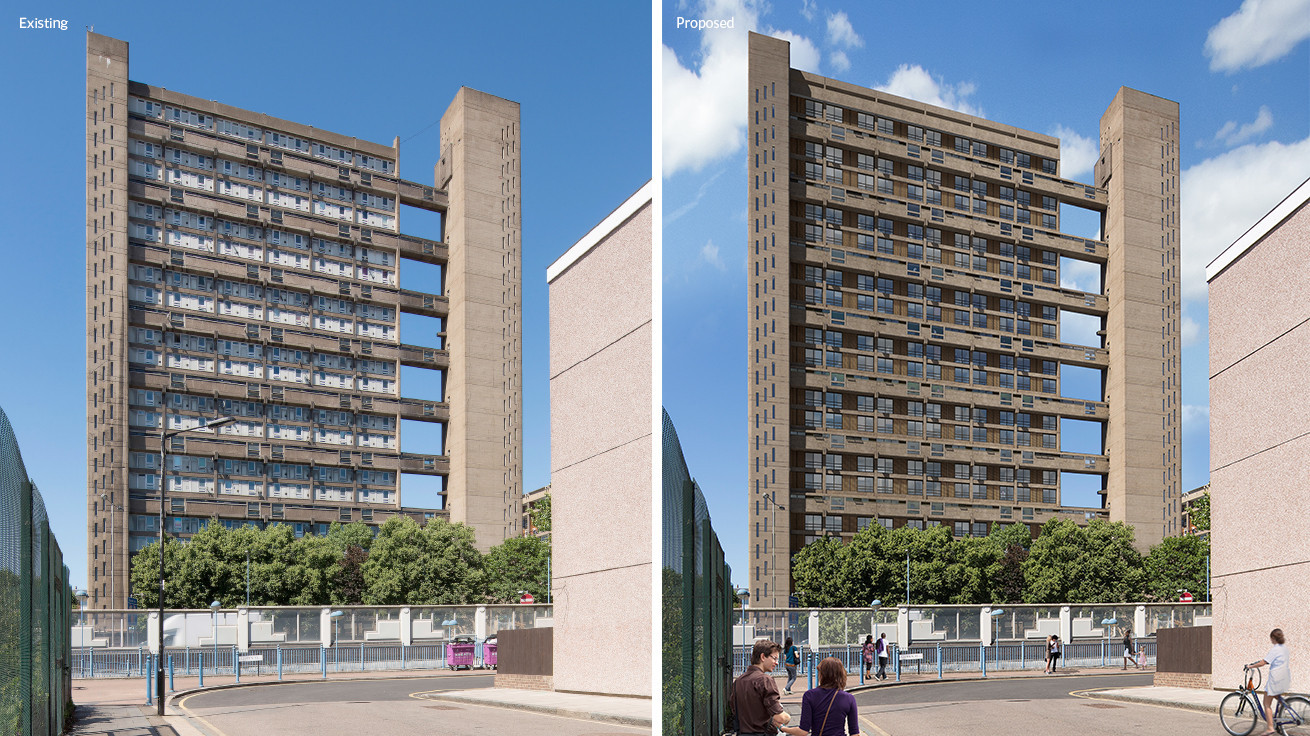 Visualisation of changes to windows, Balfron tower. Courtesy of Studio Egret West
