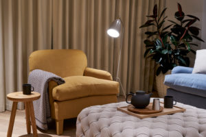 Television Centre Pavilion at 89 Wood Lane. Interior architecture by AHMM and interior furnishings by Suzy Hoodless. Courtesy of Television Centre/Stanhope. Photography: Guy Archard