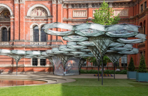 Watch robots build a flying beetle-inspired pavilion at the V&A