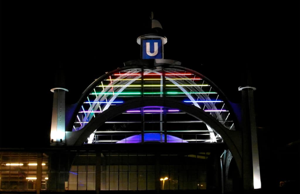Nollendorfplatz station in Berlin lit up at night