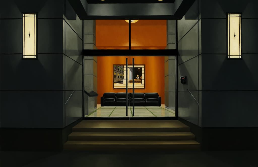 Edward Hopper miniatures hang inside these paintings of empty lobbies