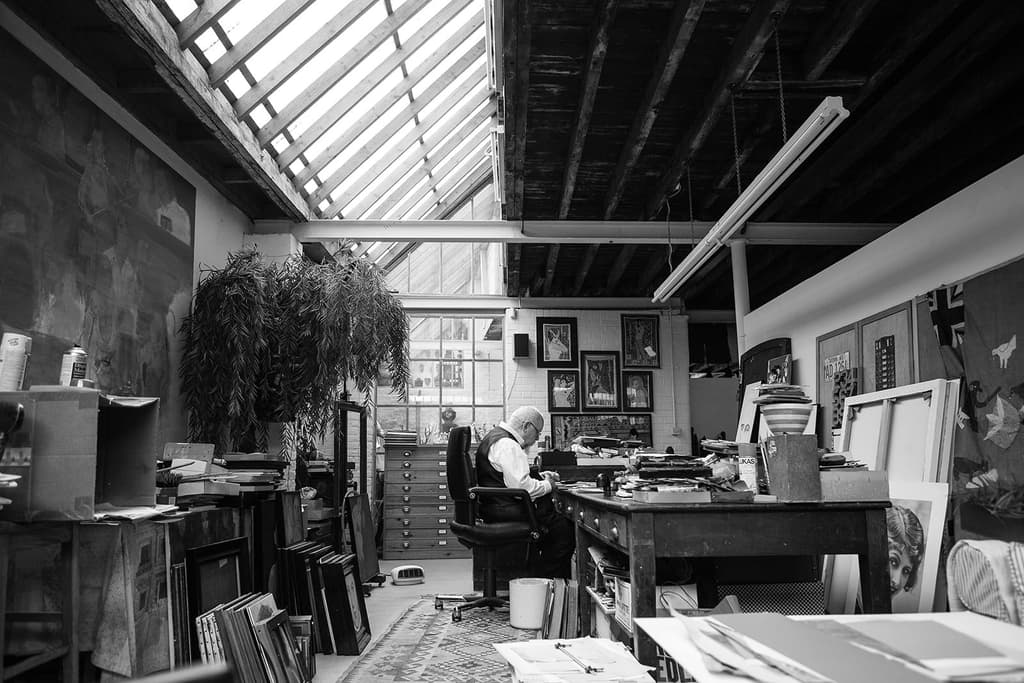 Peter Blake's studio. Courtesy of Waddington Custot. Photography: Cat Garcia 
