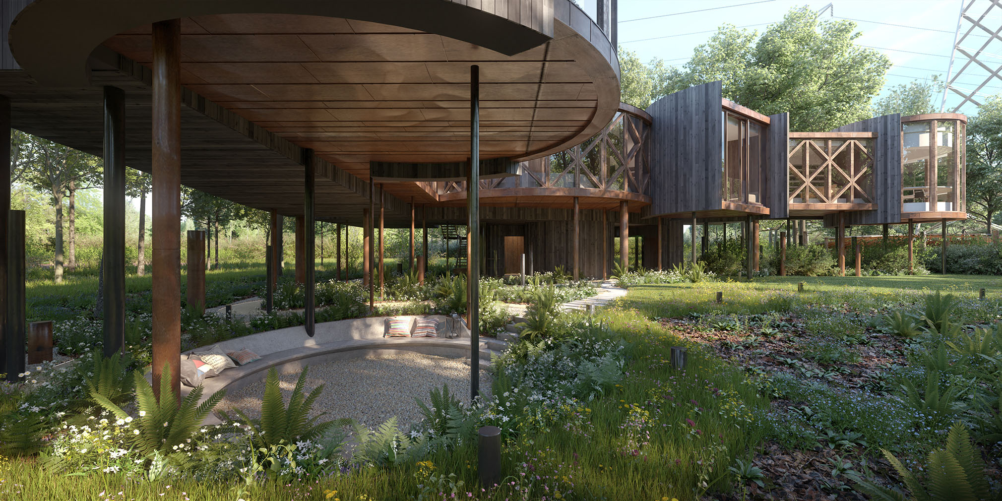 Exterior visualisation of unbuilt treehouse home with planning permission hits the market in Ewes, Gloucestershire