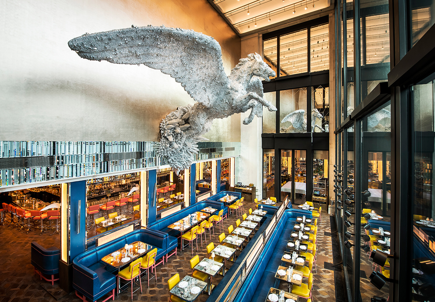 Selfridges’ Brasserie of Light features a 24-ft-tall flying horse by Damien Hirst