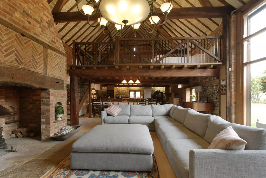 The living room of a converted barn vacation home in Henley-on-Thames, UK