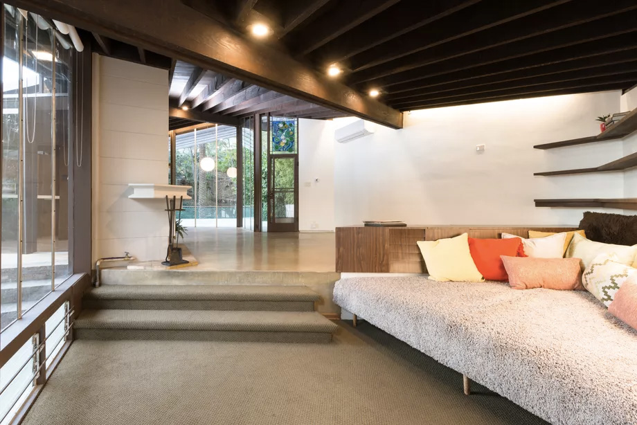 The lounge of John Lautner’s Williams House – for rent in LA via Compass