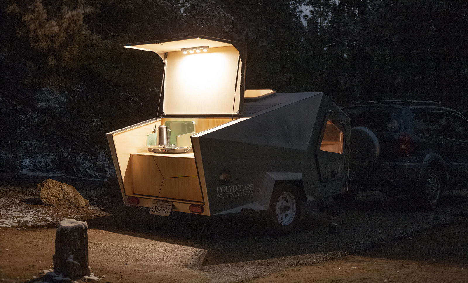 The Polydrop camper has an aluminium shell that makes it lightweight for towing