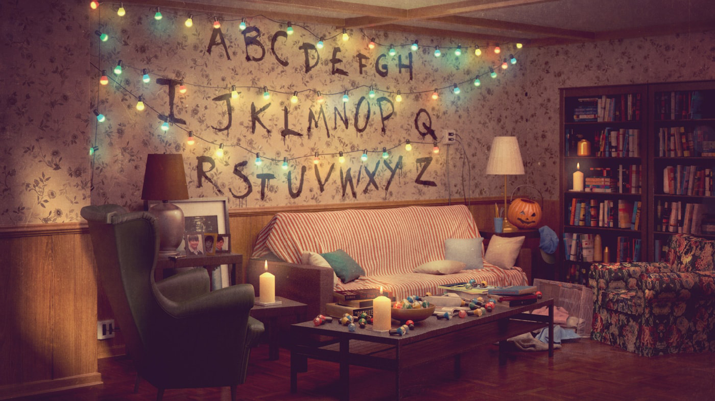 Room for everyone recreates the Byers family's living room from Stranger Things down to the fairy light alphabet. Courtesy of IKEA