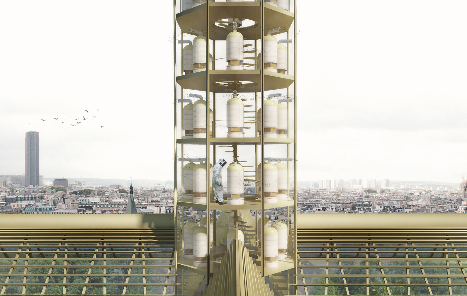 Could Notre-Dame’s roof be rebuilt as a giant greenhouse? Studio NAB imagines a new spire as a vertical bee hive