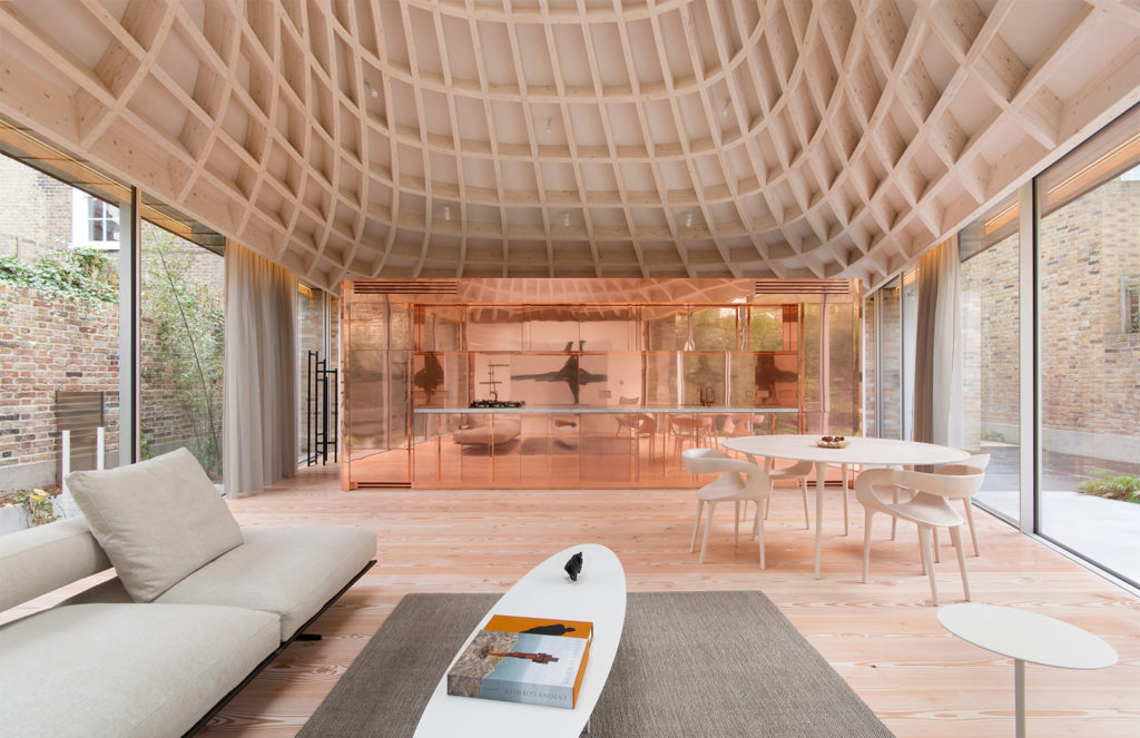 Gianni Botsford's pavilion home, Pembridge Villas, has a swirling basket-like veiling which culminates with an oculus skylight.