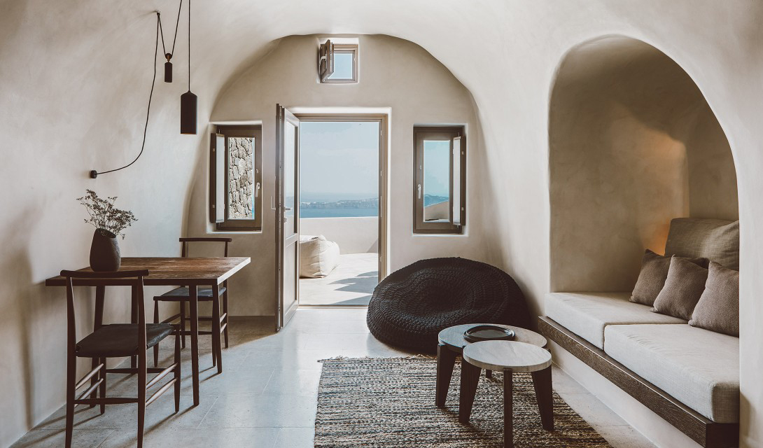 Villa Vora is an angular retreat carved into a volcanic clifftop in Santorini