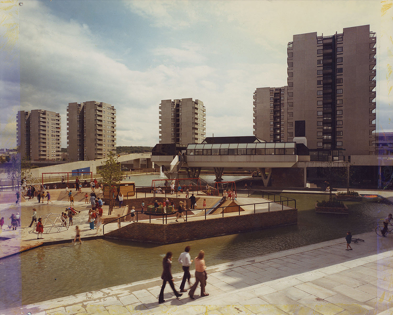 London Thamesmead: Children's playground and the Lakeside Health Centre, Tavy Bridge. 1973. (c) Bexley Local Studies &amp; Archival Centre