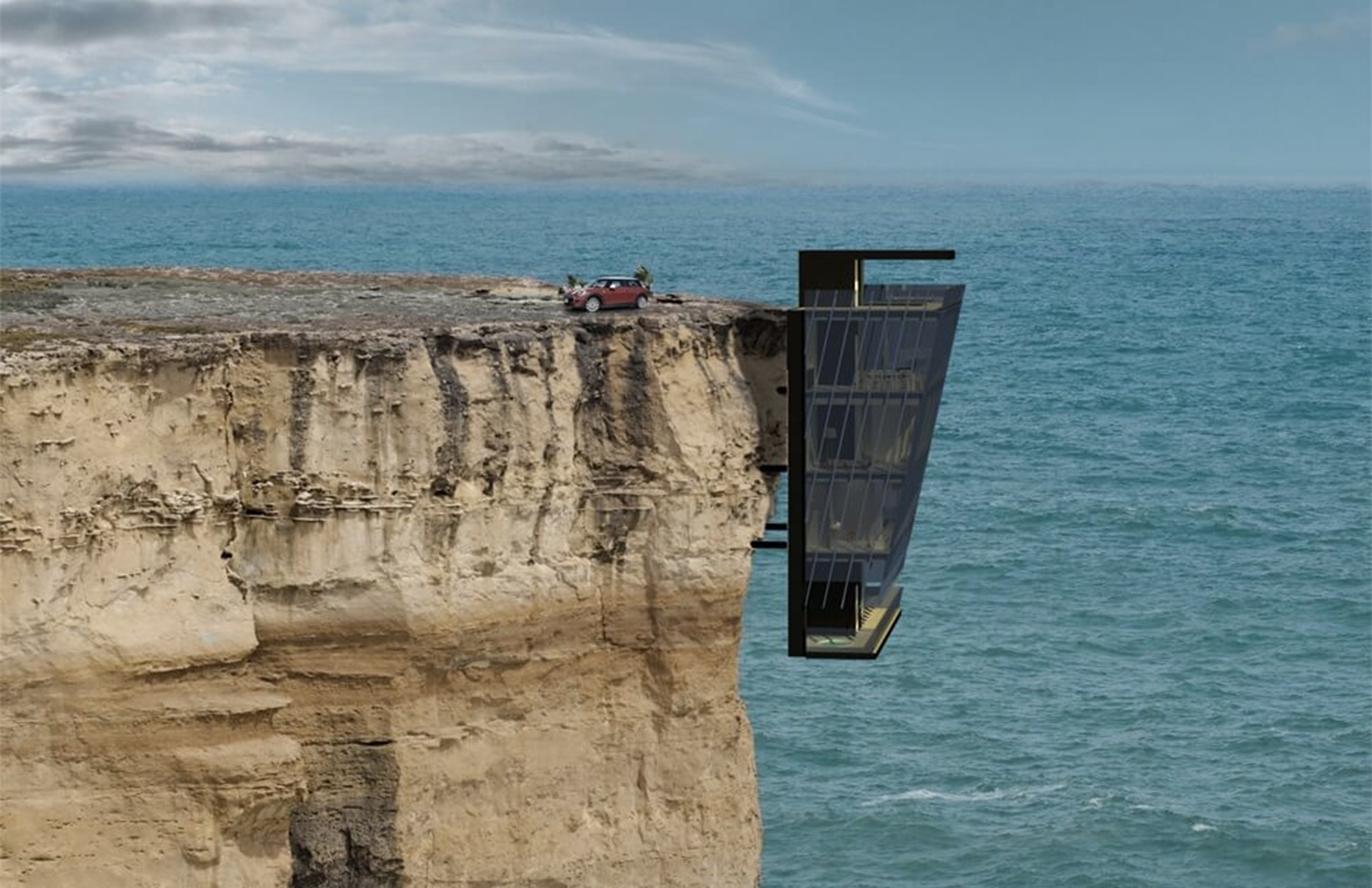 Modscape's Cliff House prefab is a parasitic design that appears the dangle over the sea