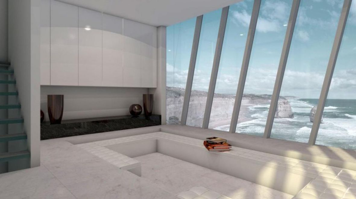 Modscape's prefab features a sunken conversation pit and sleek, all-white interiors.