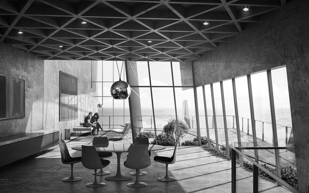 Interiors of Cliff House by Visualising Architecture author Alex Hogrefe. Interiors appear to draw on the midcentury brutalist spaces designed by John Lautner