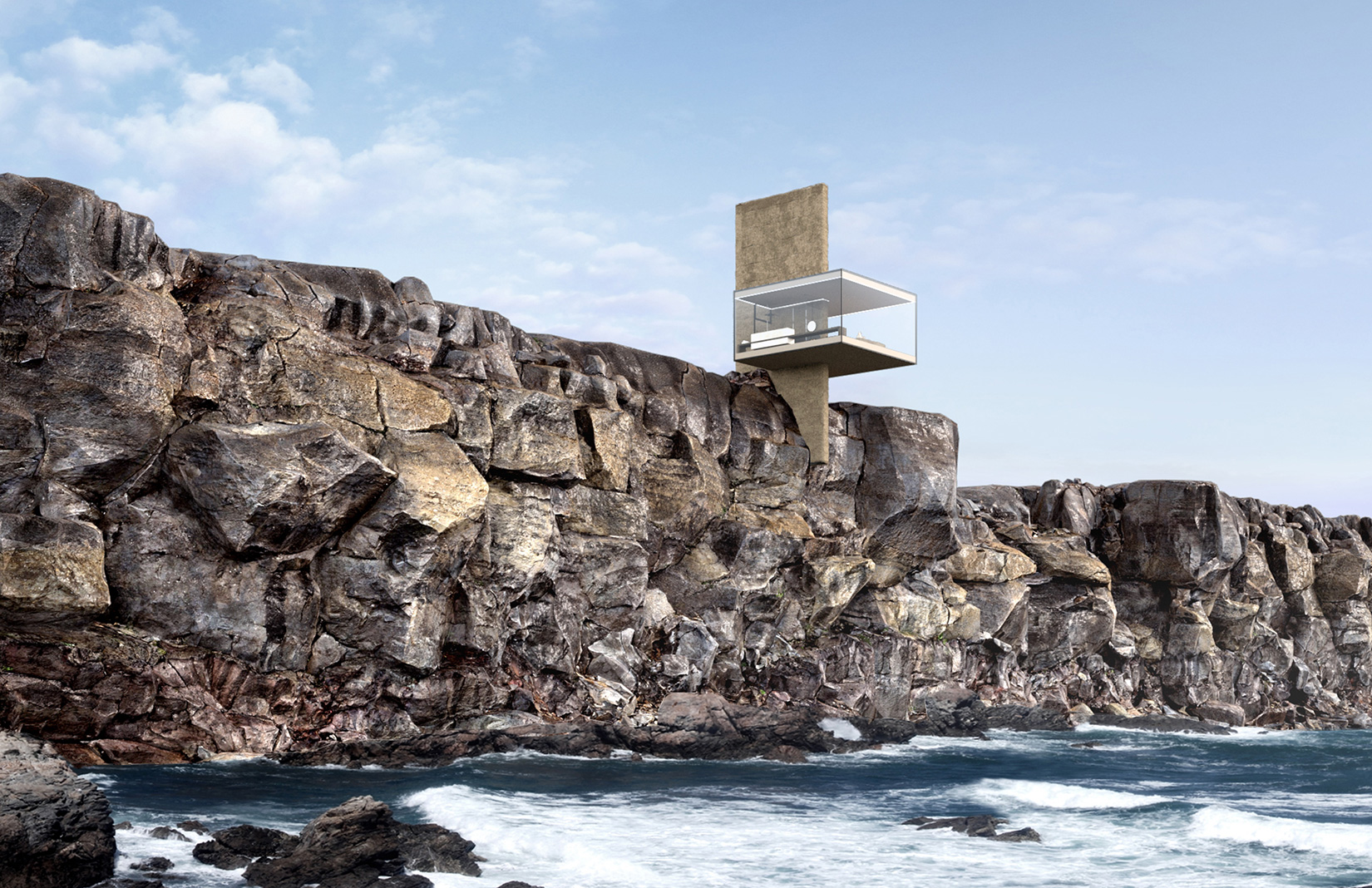 The Air Cabin concept sees a glass box mounted on a concrete pillar to raise it above the clifftop landscape