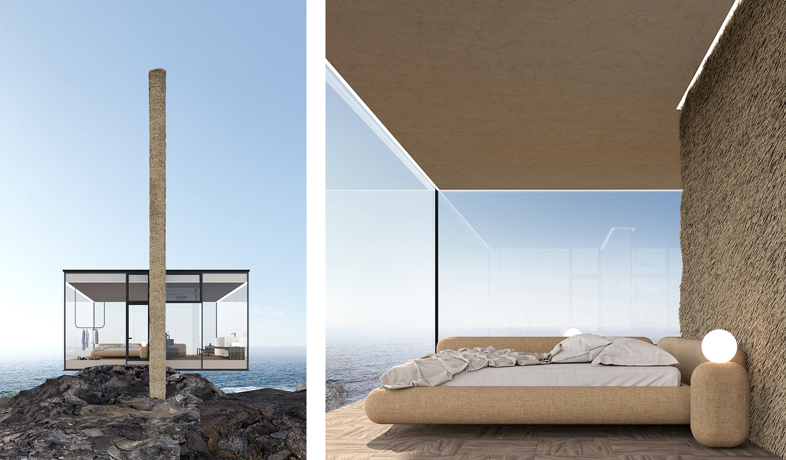 The Air Cabin was designed for a surfer, and features a glass volume anchored by a concrete pillar driven into the rocks Living spaces are purposefully minimal, making the most of the dramatic surrounds and the textures presented by building materials.