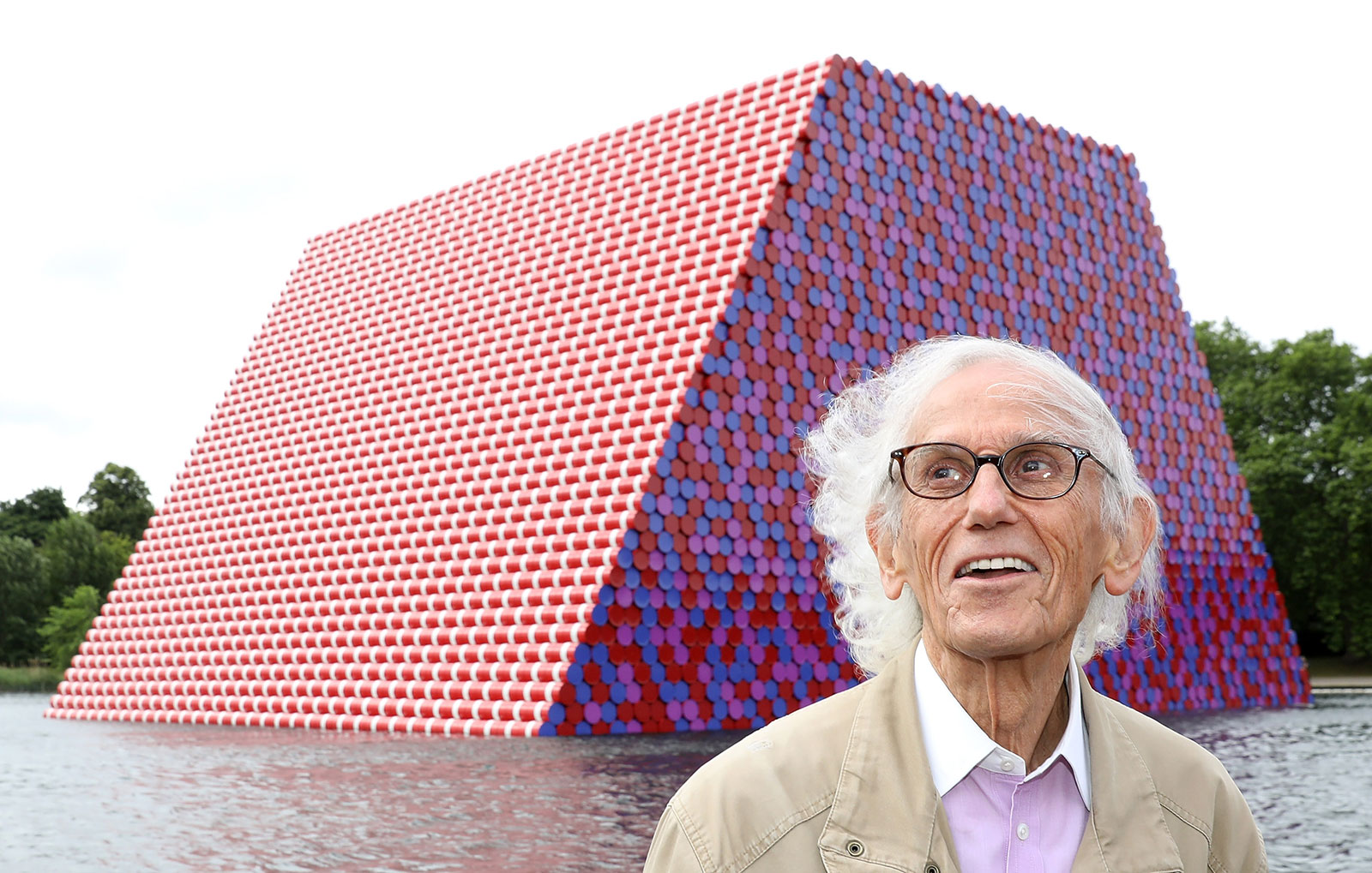 Christo pictured at the <em>London Mastaba,</em> 2018. Photography: Tim Whitby / Getty