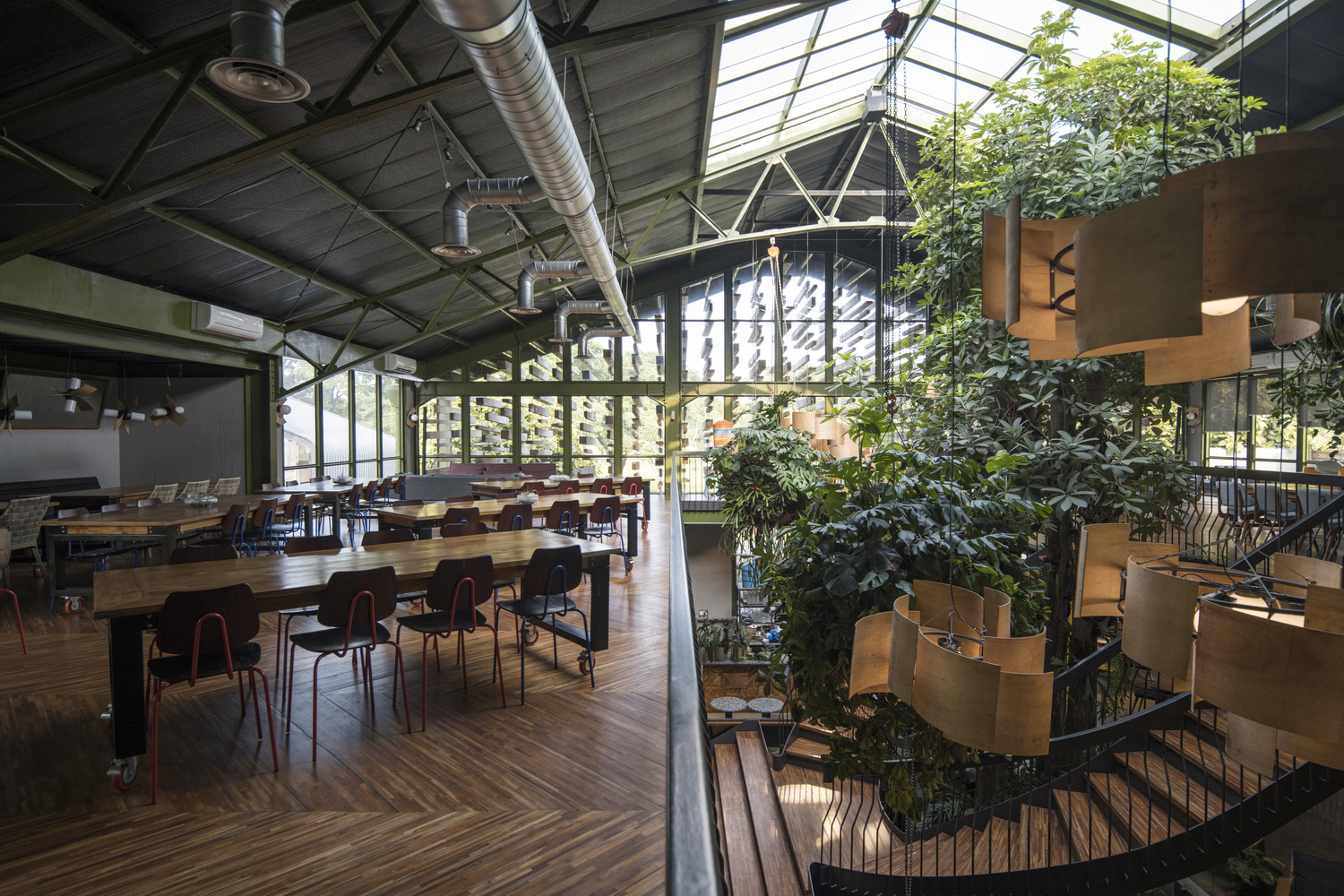 Tropical plants grow inside this jungle-themed restaurant just outside Jakarta