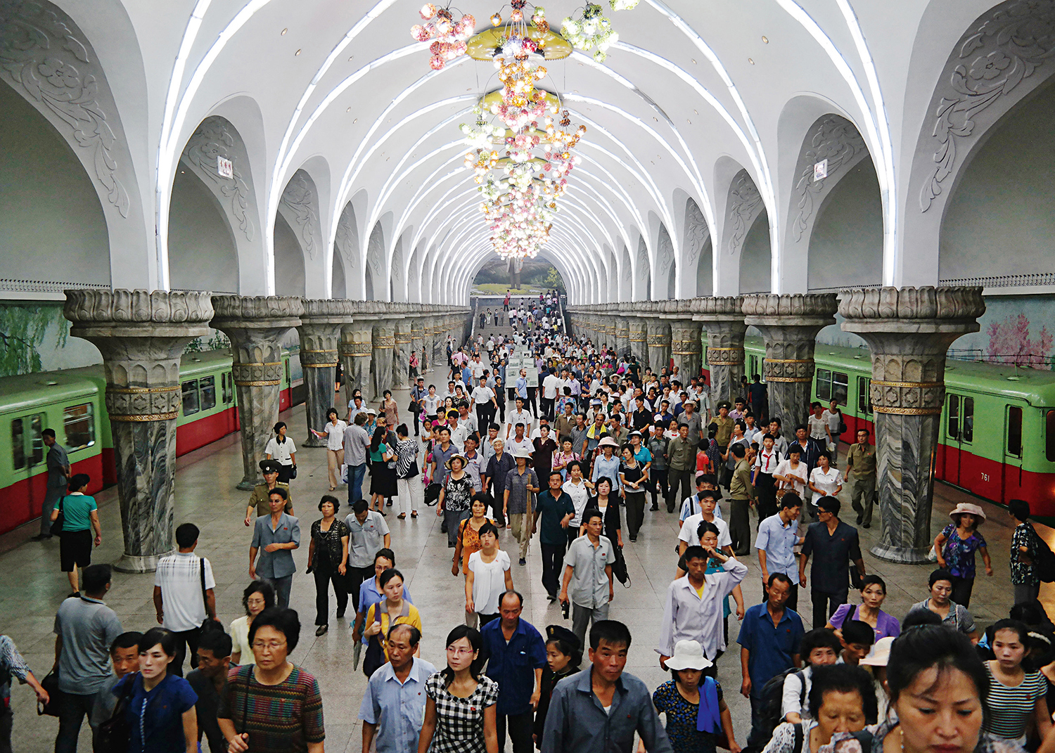 Yonggwang metro was constructed in 1965. It baroque inspired arches and ornate marble and granite flourishes are inspired by Moscow's underground railway system